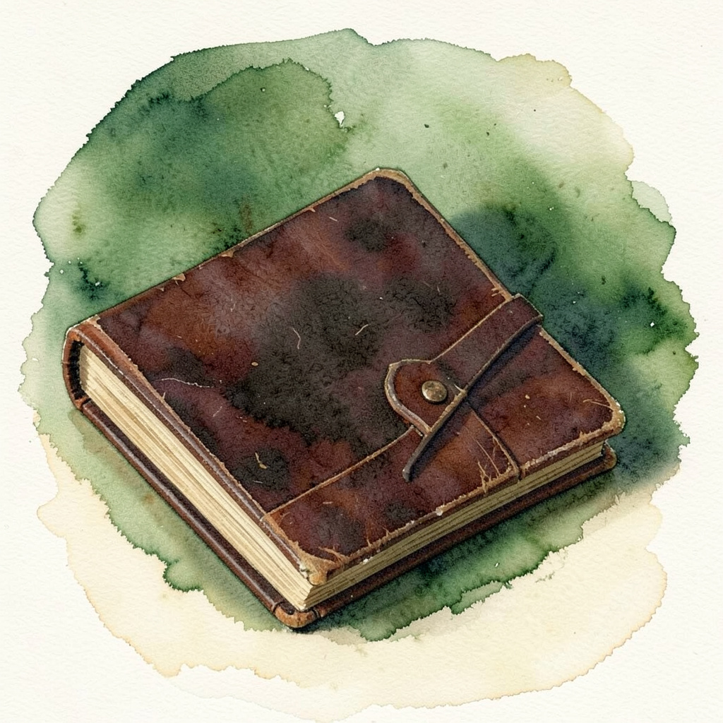 Watercolour still life of an old leather-bound register in deep brown resting on a cream surface.