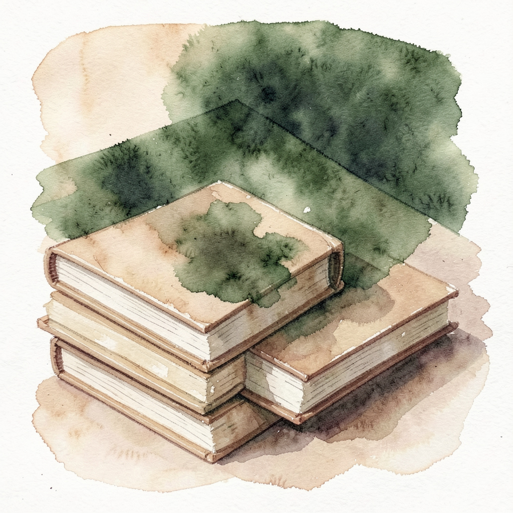 Soft watercolour painting of stacked ledger books in warm beige and muted brown tones, looking like a calm archive study.
