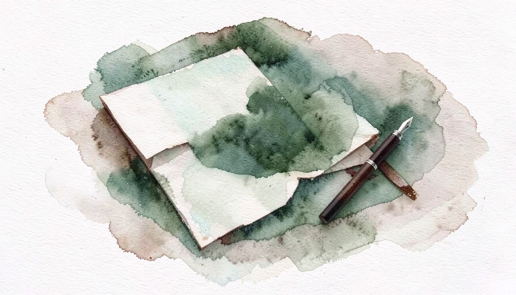 Gentle watercolour of a folded letter and an ink pen in espresso brown with pale teal accents.