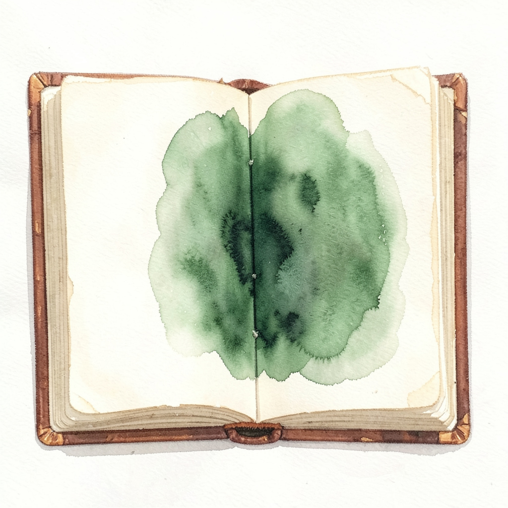 Soft watercolour illustration of an open reference ledger with cream pages and warm brown binding, calm and archival.