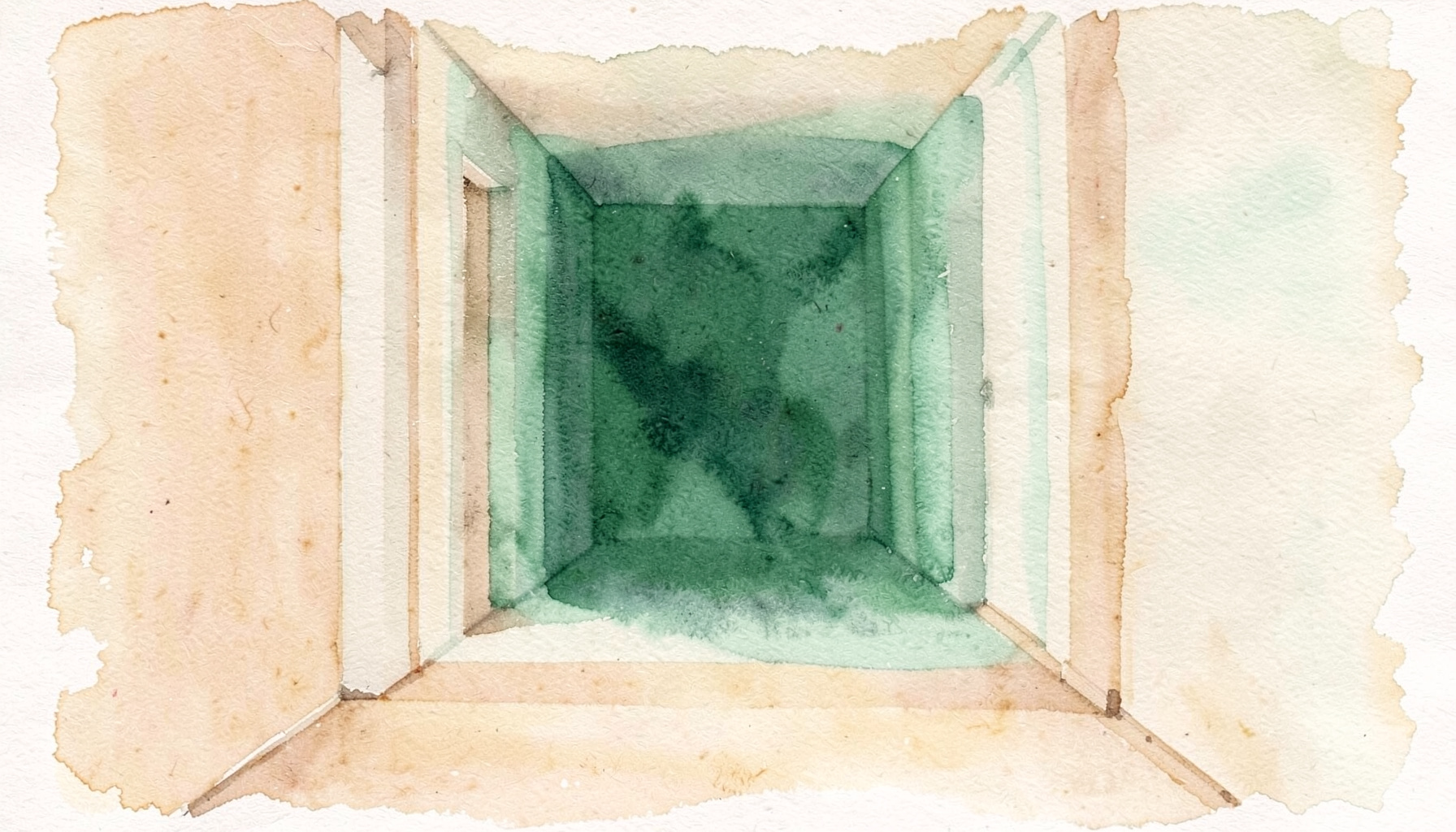 Wide watercolour band of a paper archive hallway, warm beige and soft mint, no people or text visible.
